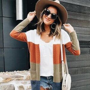 Ecowish Size XL Open‎ Front Colorblock Long Cardigan